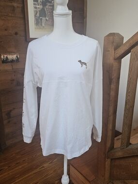PINK Victoria's Secret White Long Sleeve Tee with Gold Dog Logo 100% COTTON